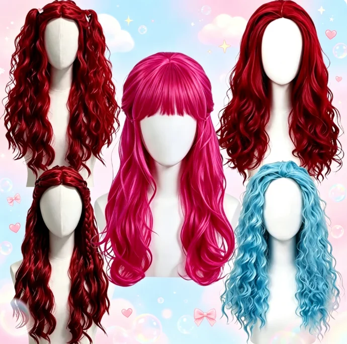 2026 Red Blue Long Curly Synth - Women'S Red Accessories ulasan dan harga